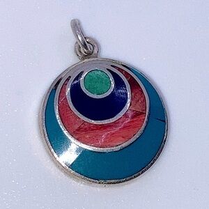 Vtg 950 Silver Pachamama Pendant Peru Spiny Oyster Turquoise Lapis Inay .9”